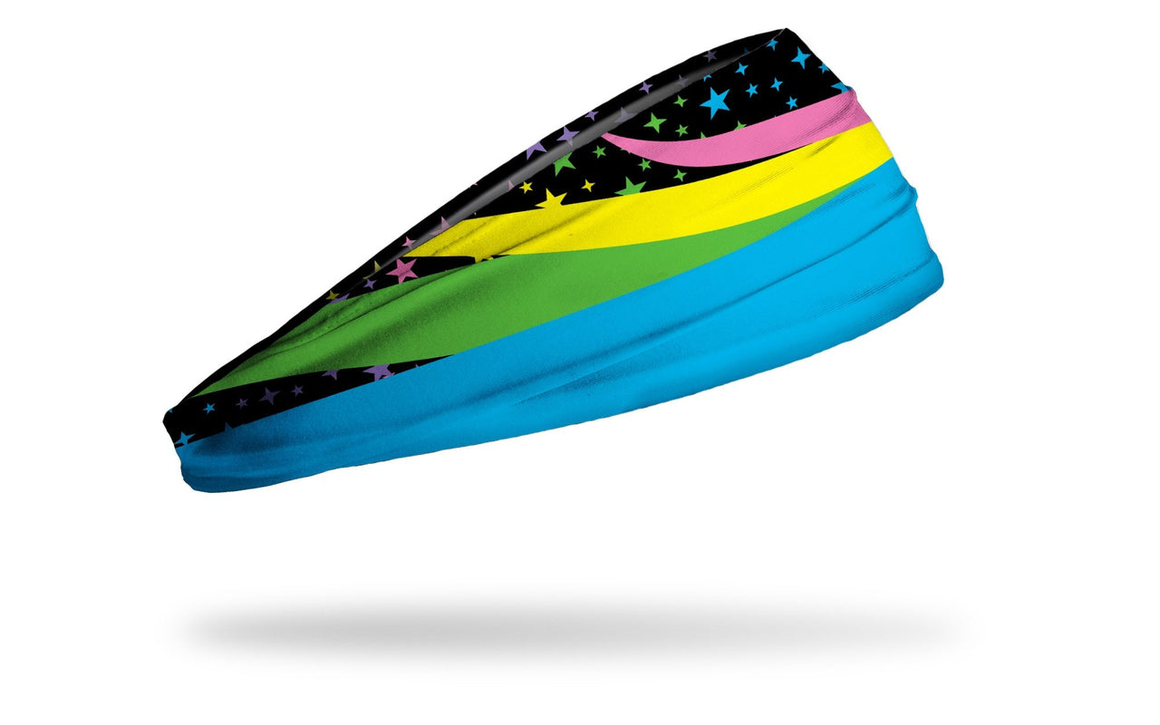 black headband with rainbow pastel unicorn and stars design in yellow purple blue and green