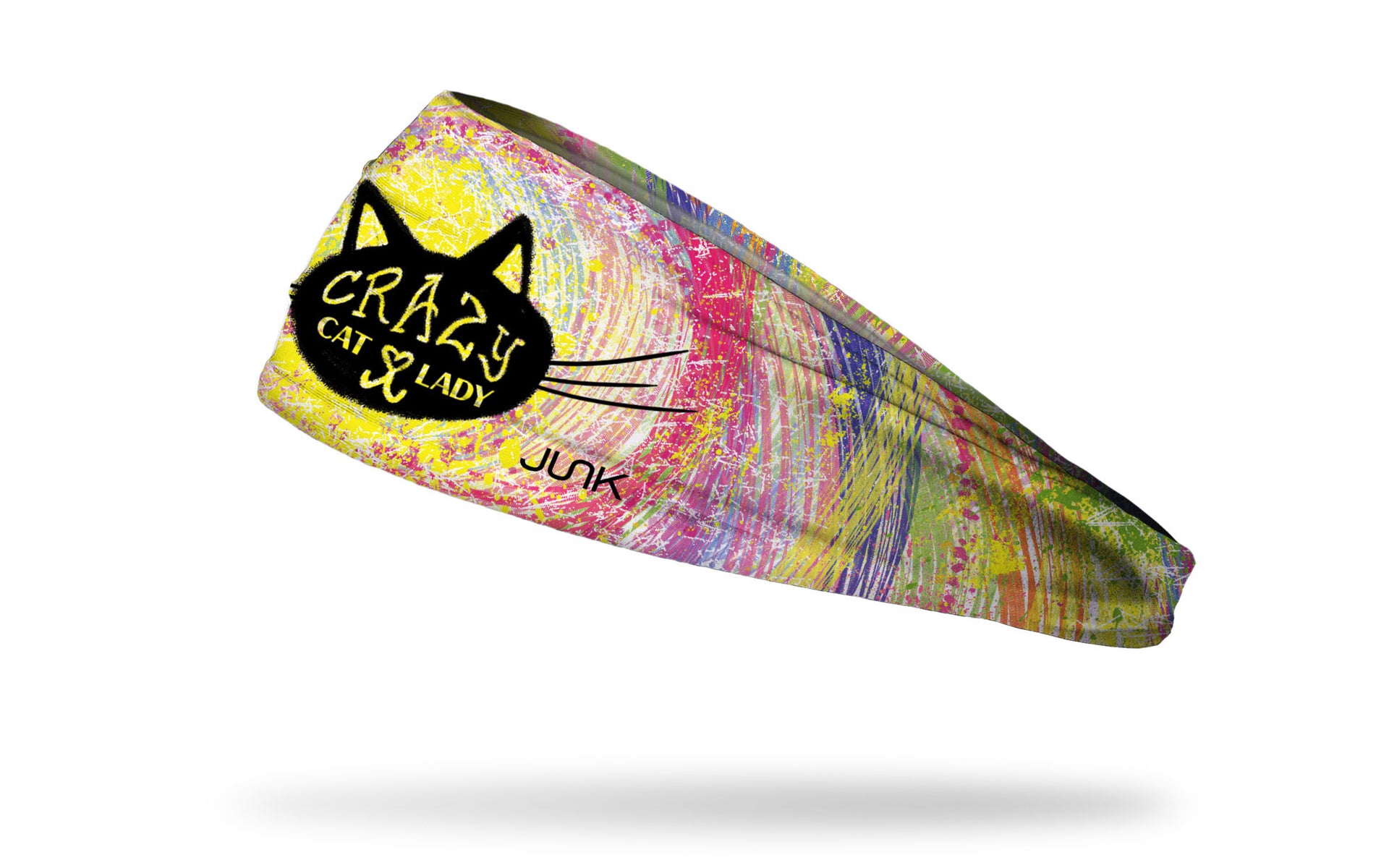 cat themed colorful tiedye headband with crazy cat lady wordmark inside cat head