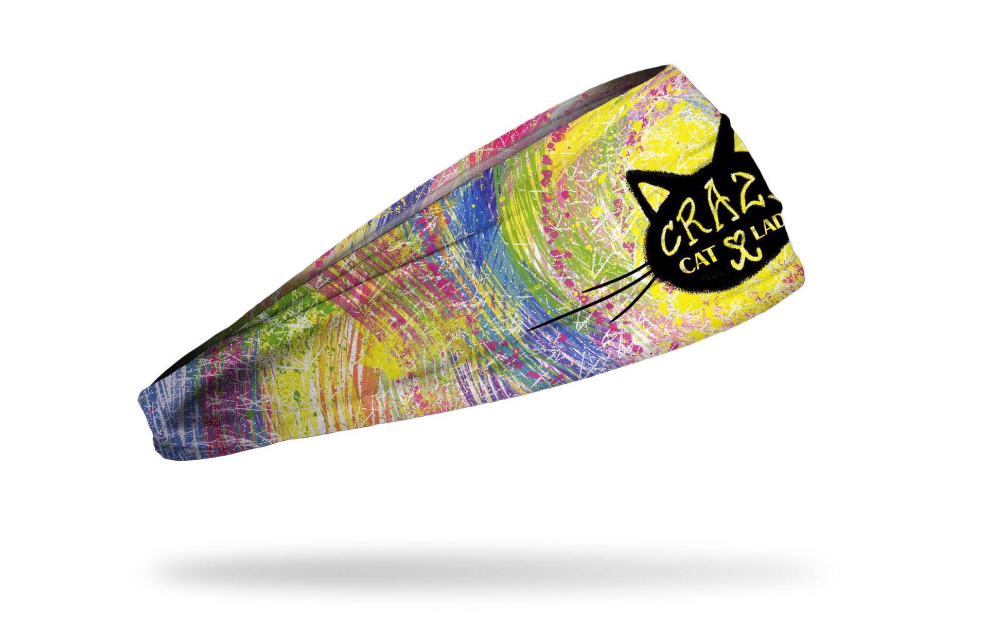 cat themed colorful tiedye headband with crazy cat lady wordmark inside cat head