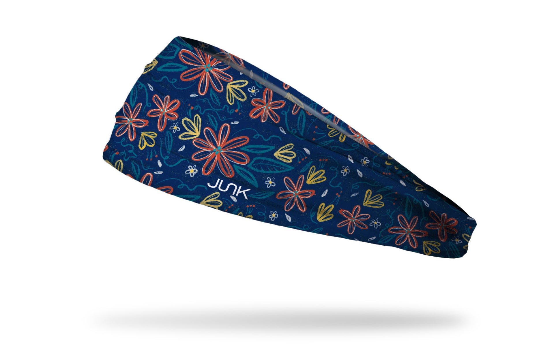 navy headband with repeating pattern of hand drawn daisies made into a daisy chain