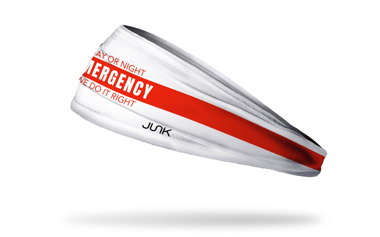 white medical themed headband with Day or Night Emergency Does it Right wordmark in red