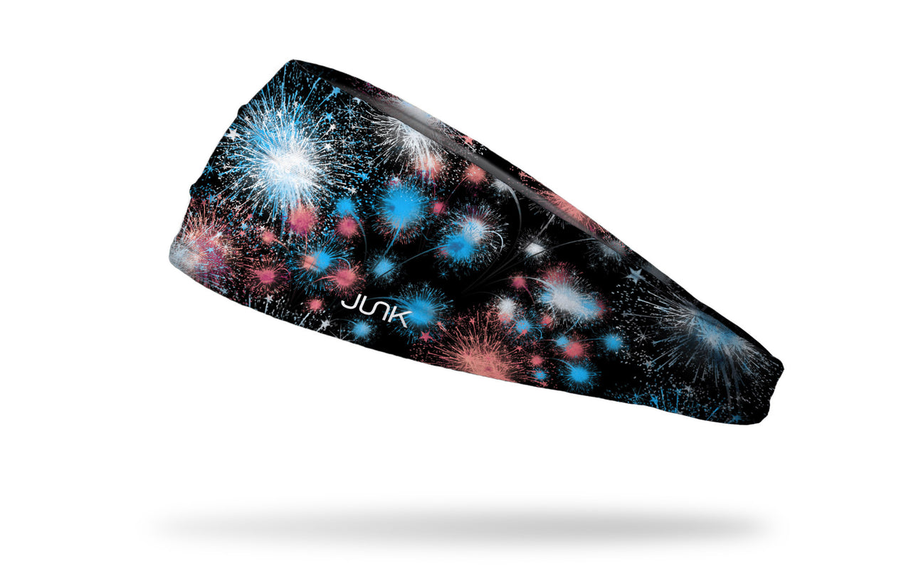 black headband with red white and blue fireworks graphics, some turning into stars