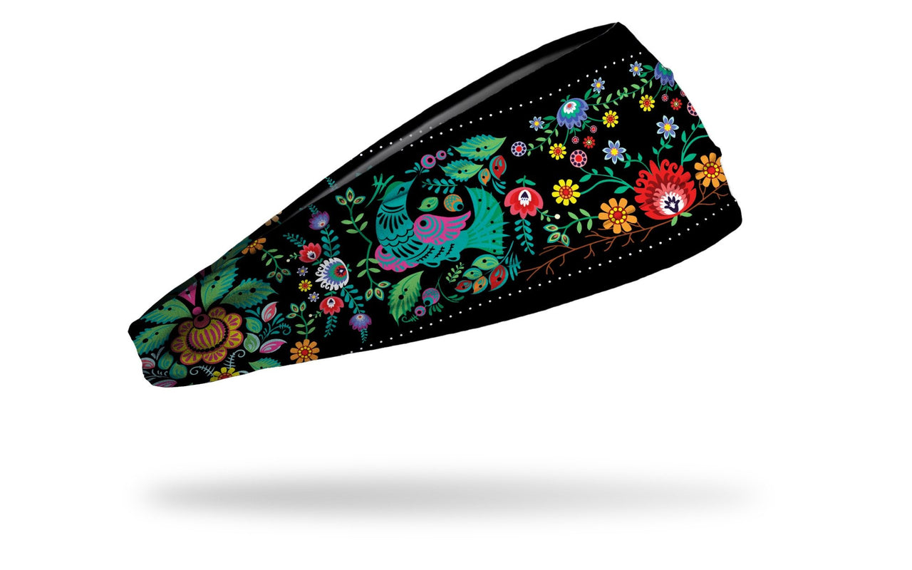 black headband with colorful vintage hippie floral and bird pattern
