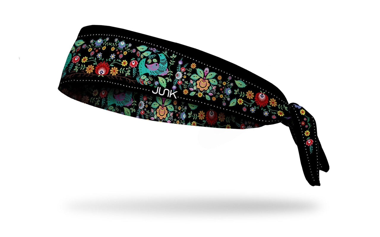 black headband with colorful vintage hippie floral and bird pattern