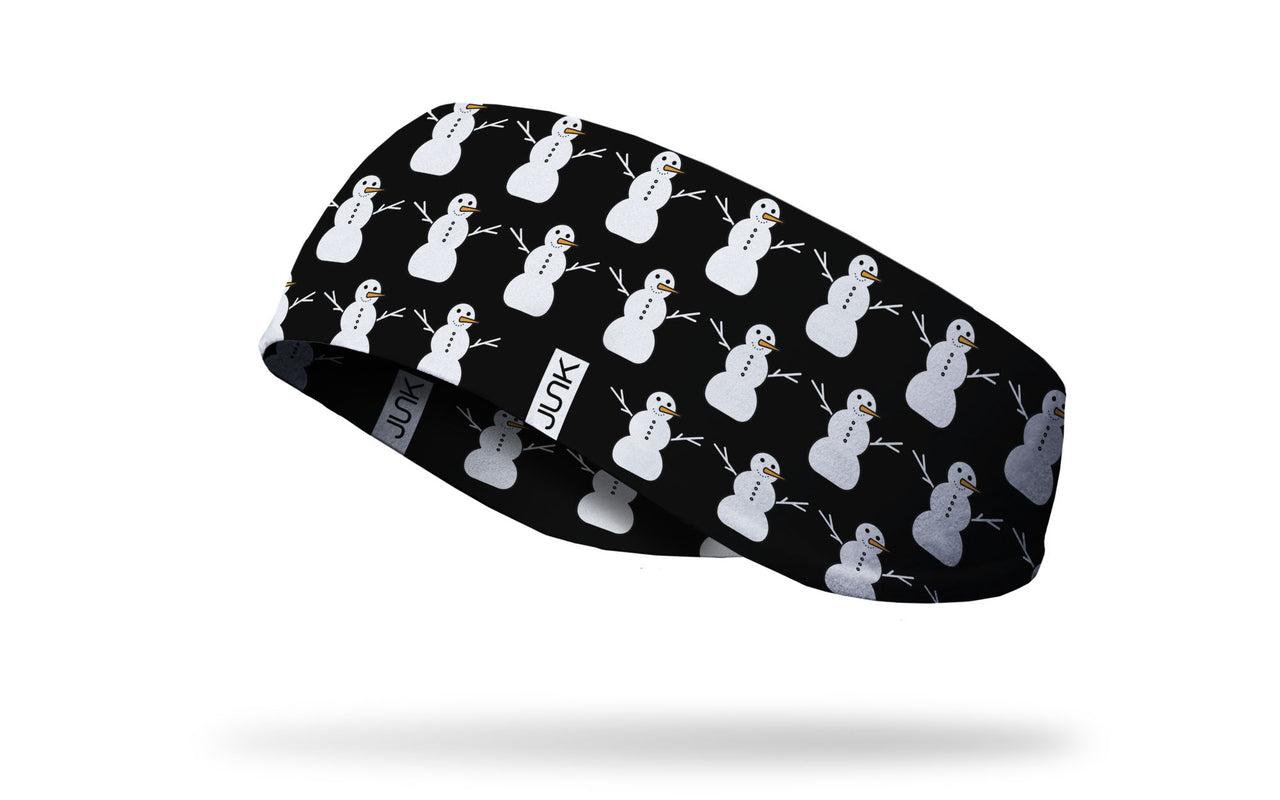white snowman on black ear warmer left side