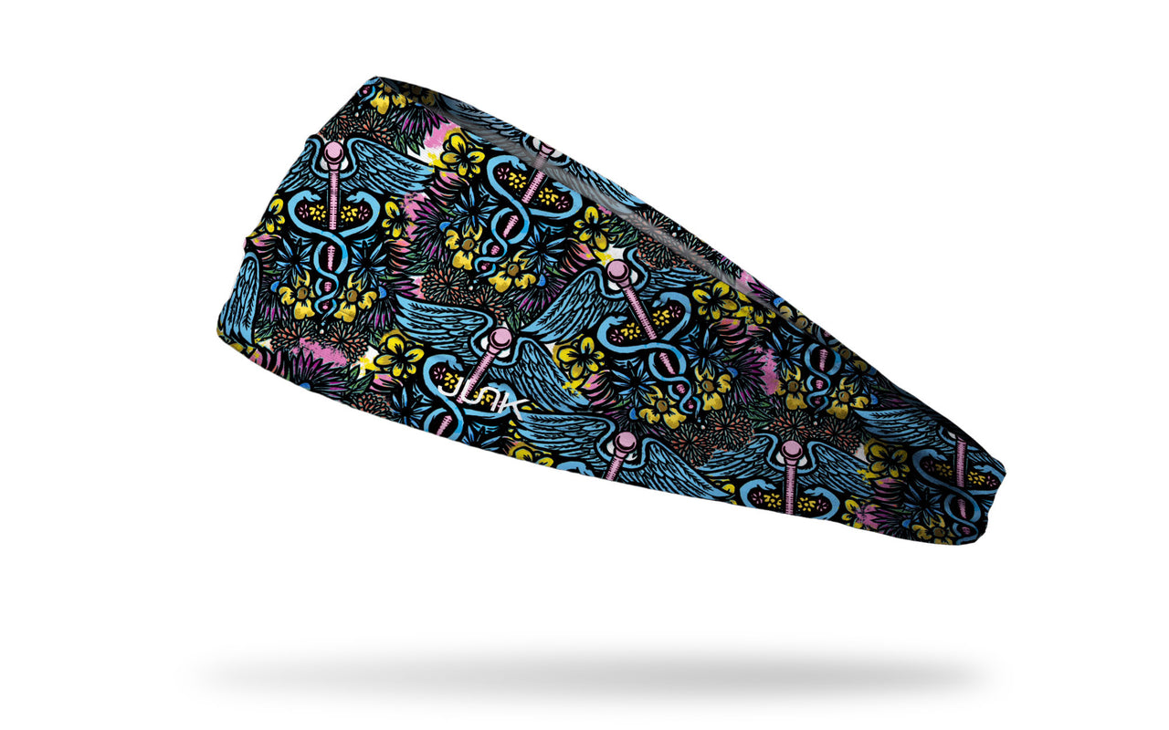 tropical print medical themed headband with colorful caduceus repeating pattern