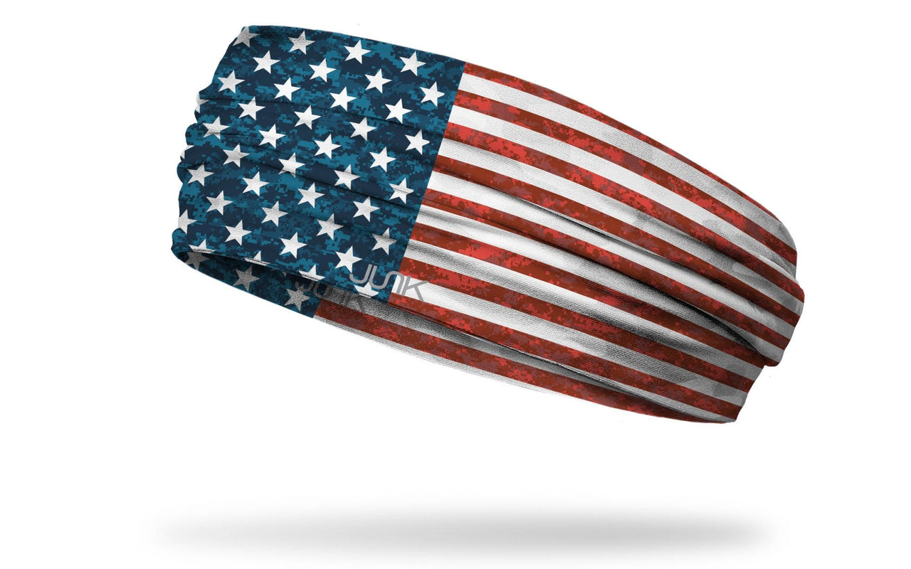 left side view of distressed american flag red white and blue printed JUNK headband