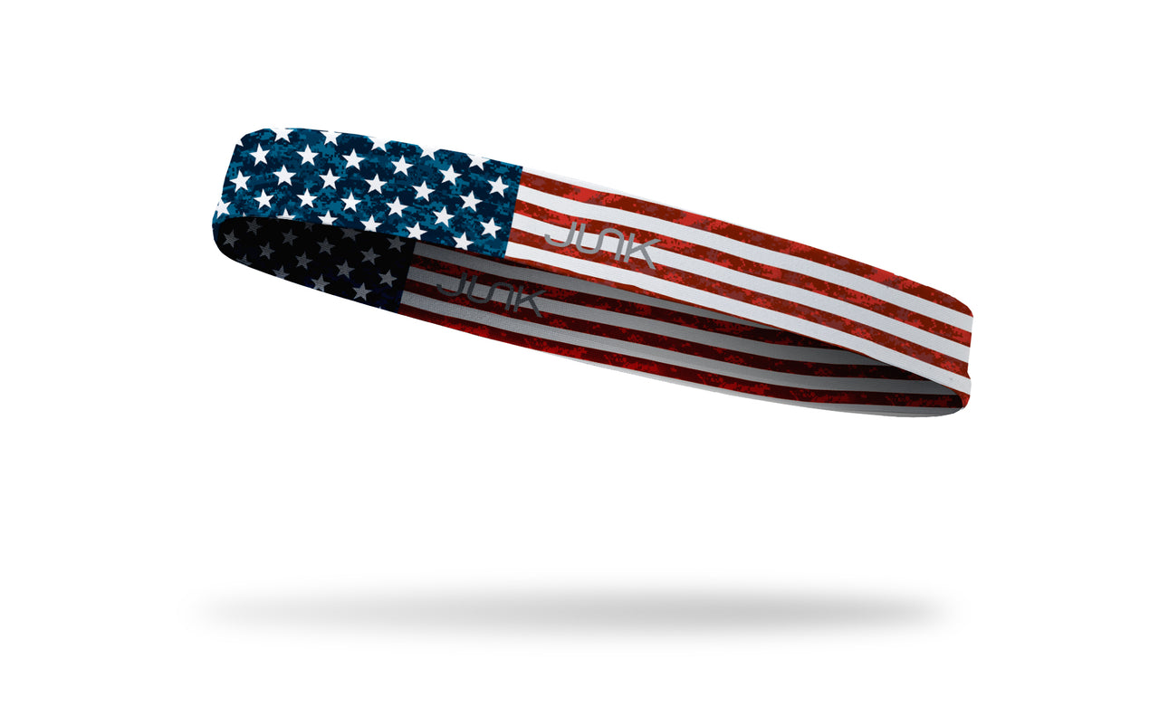 left side view of distressed american flag red white and blue printed JUNK headband