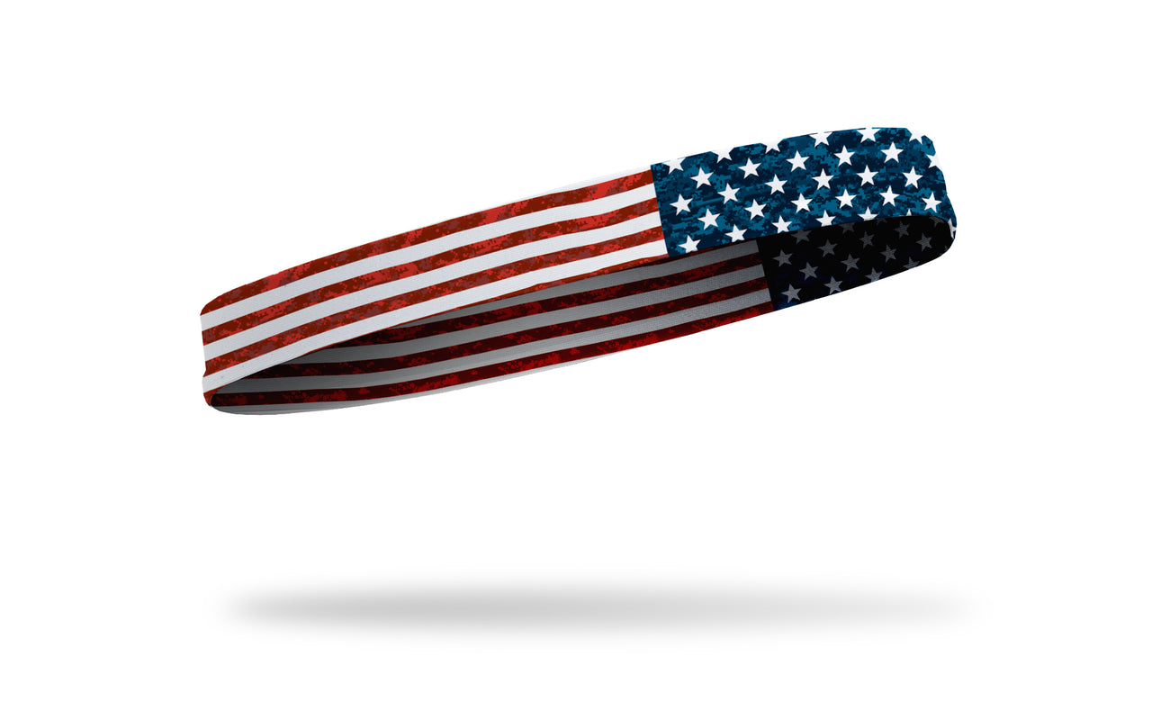 right side view of distressed american flag red white and blue printed JUNK headband
