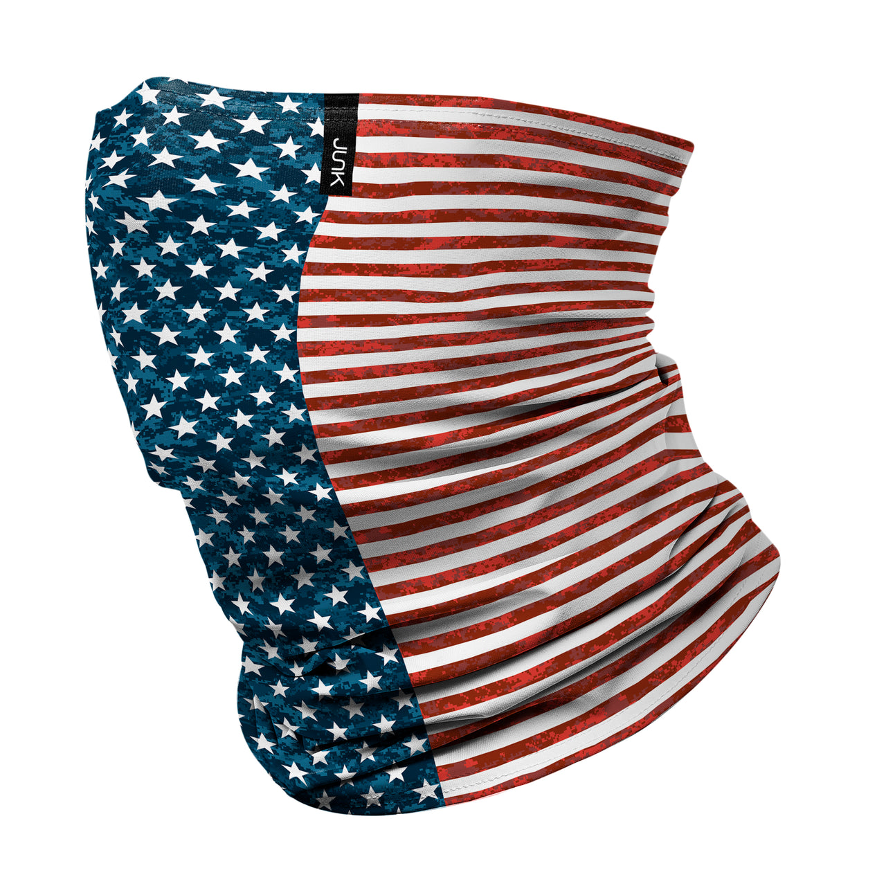 left side view of distressed american flag red white and blue printed JUNK winter neck gaiter