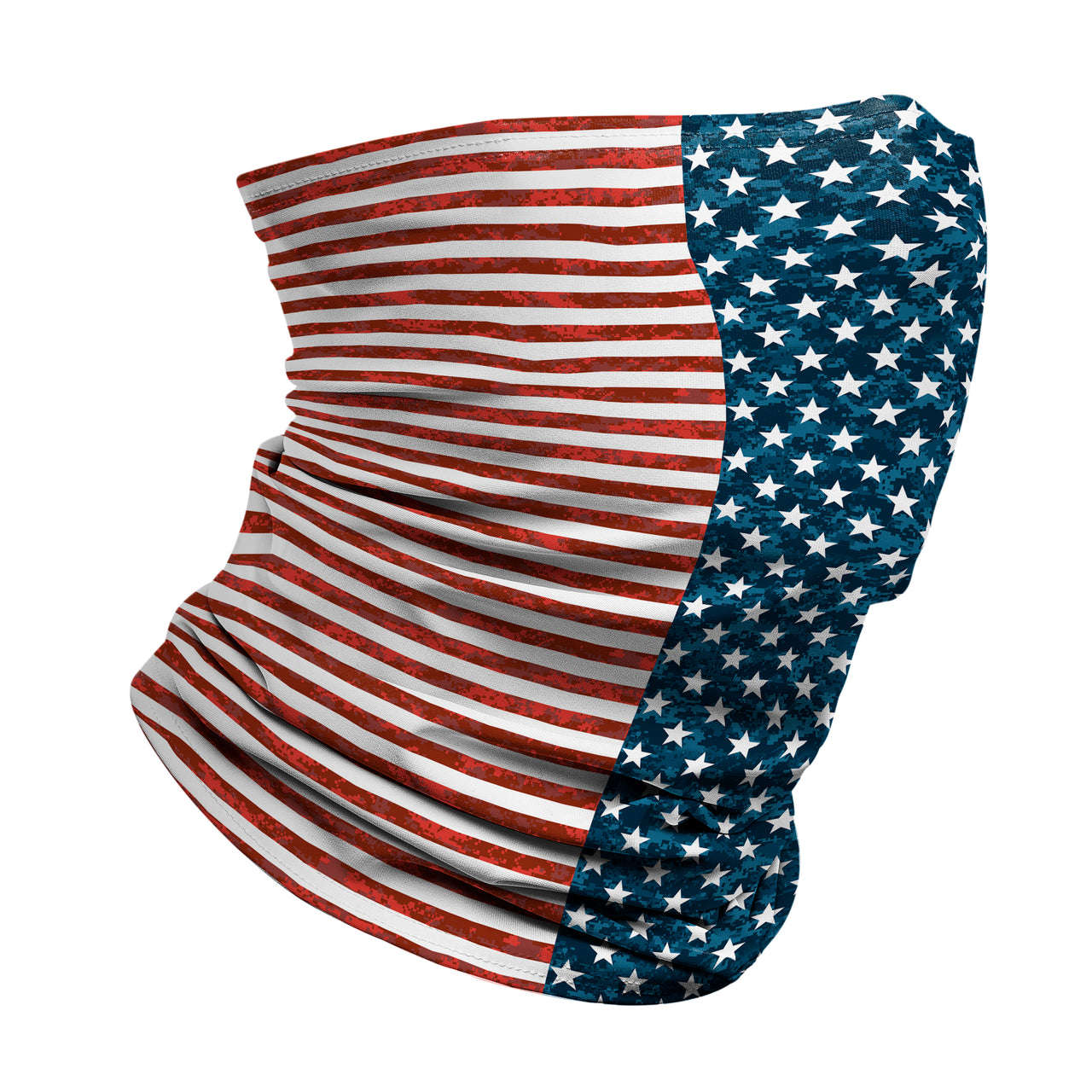 right side view of distressed american flag red white and blue printed JUNK winter neck gaiter
