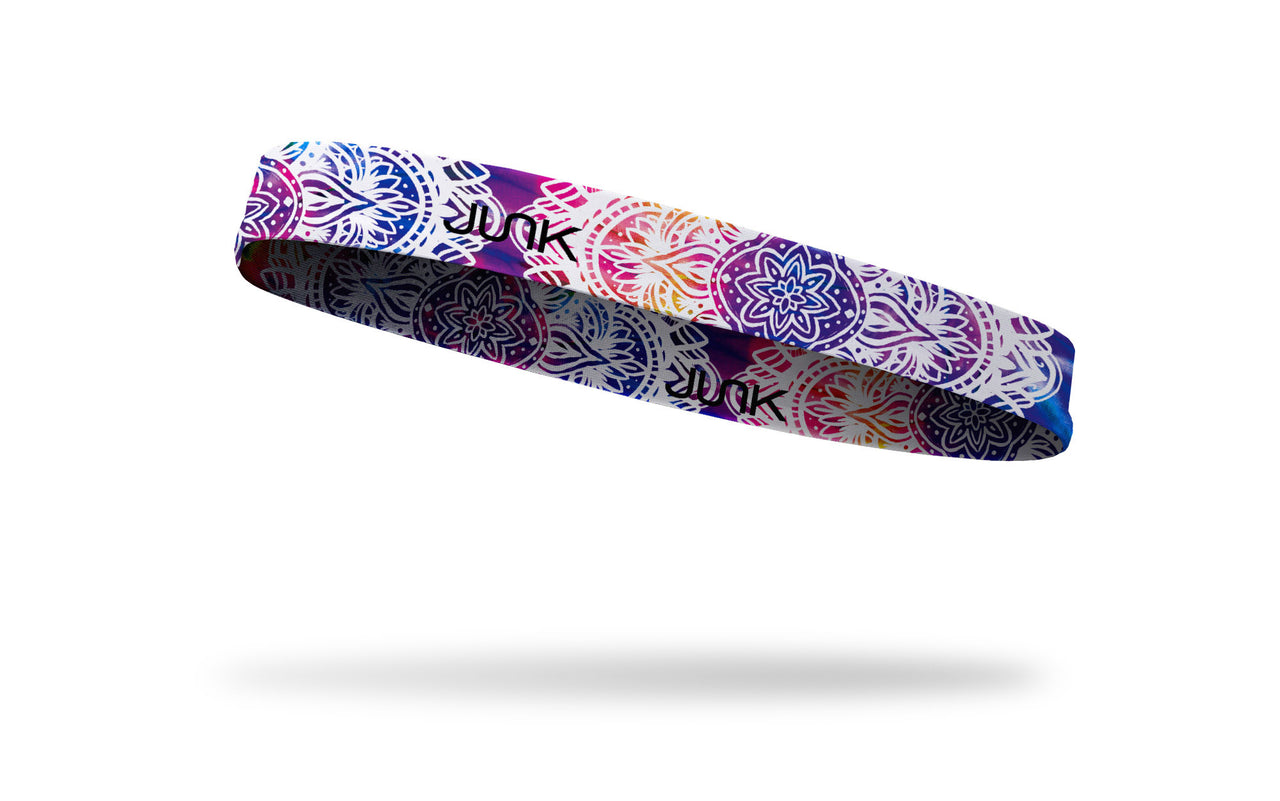 tie-dye rainbow print headband with intricate white mandala