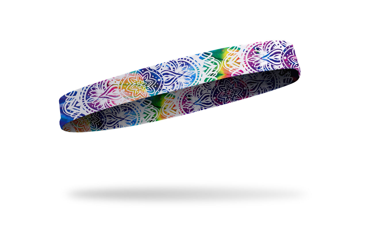 tie-dye rainbow print headband with intricate white mandala