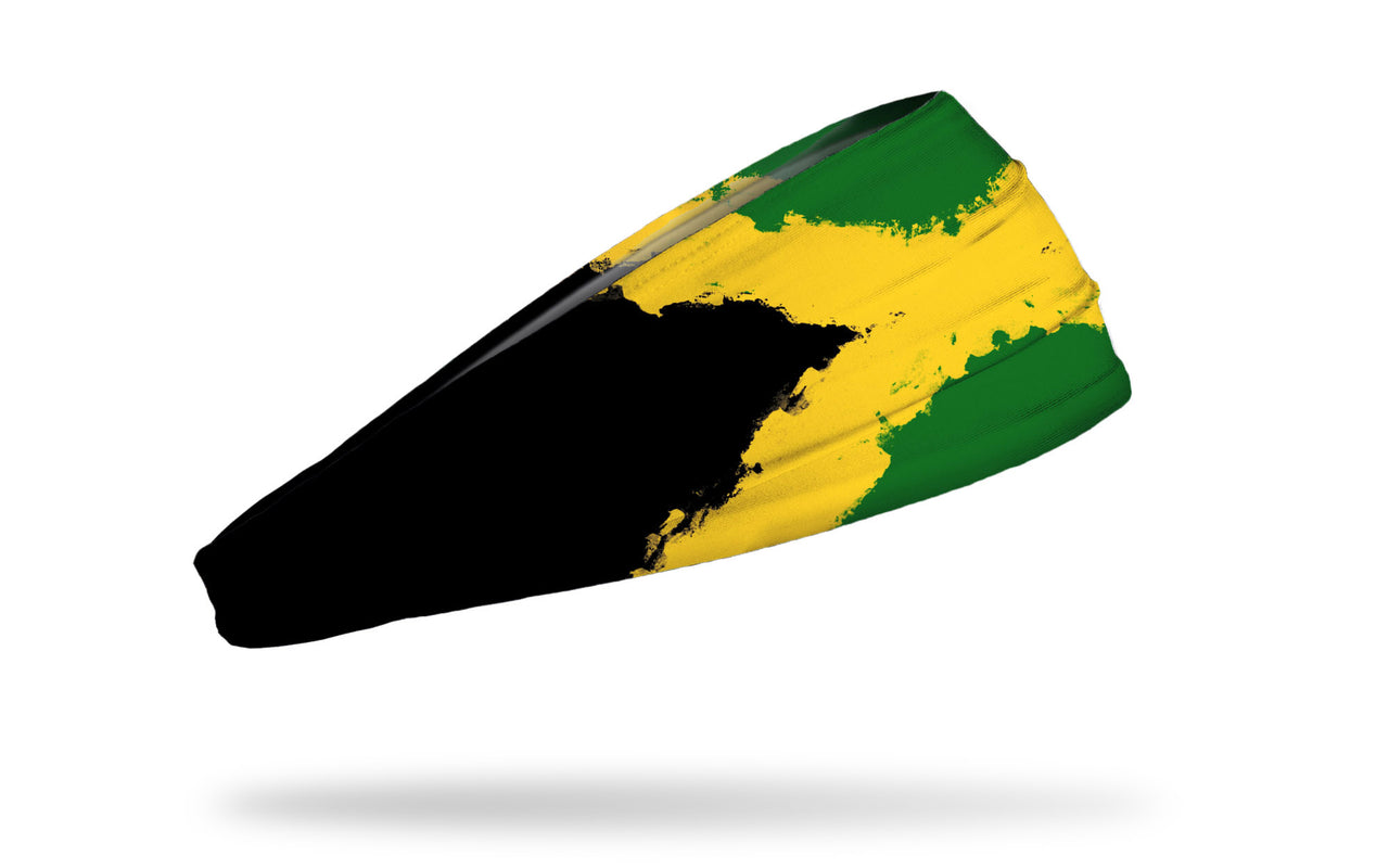 headband with traditional Jamaica flag design made to look like it has been painted