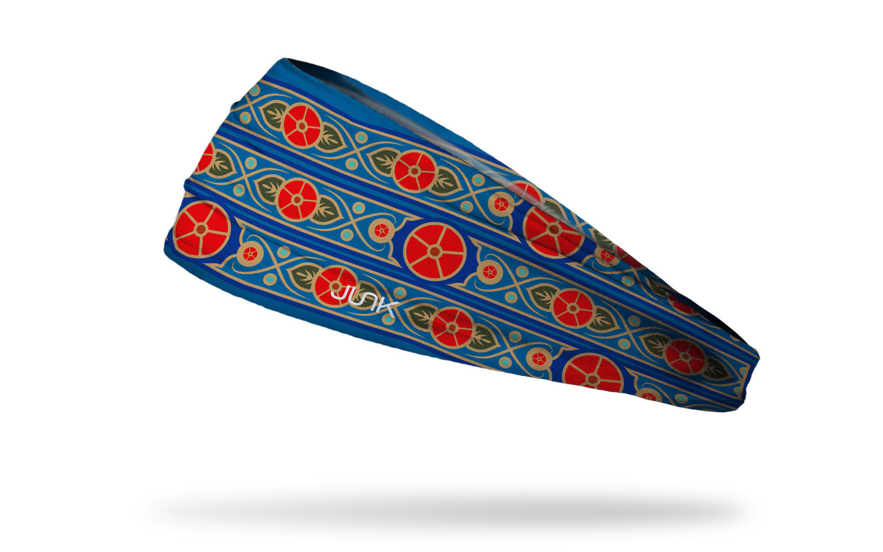 blue headband with red japanese flower repeating pattern and scrollwork