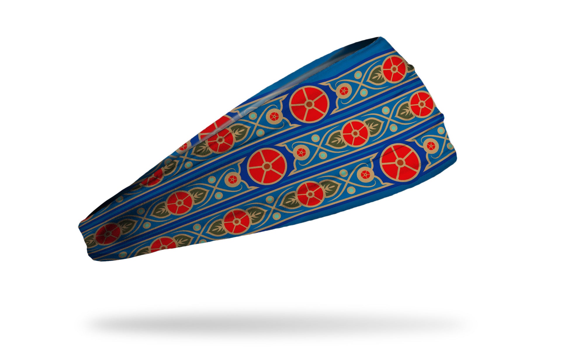 blue headband with red japanese flower repeating pattern and scrollwork