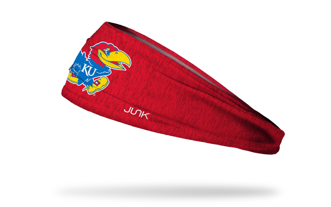 red heathered headband with University of Kansas full color jayhawk logo in front center