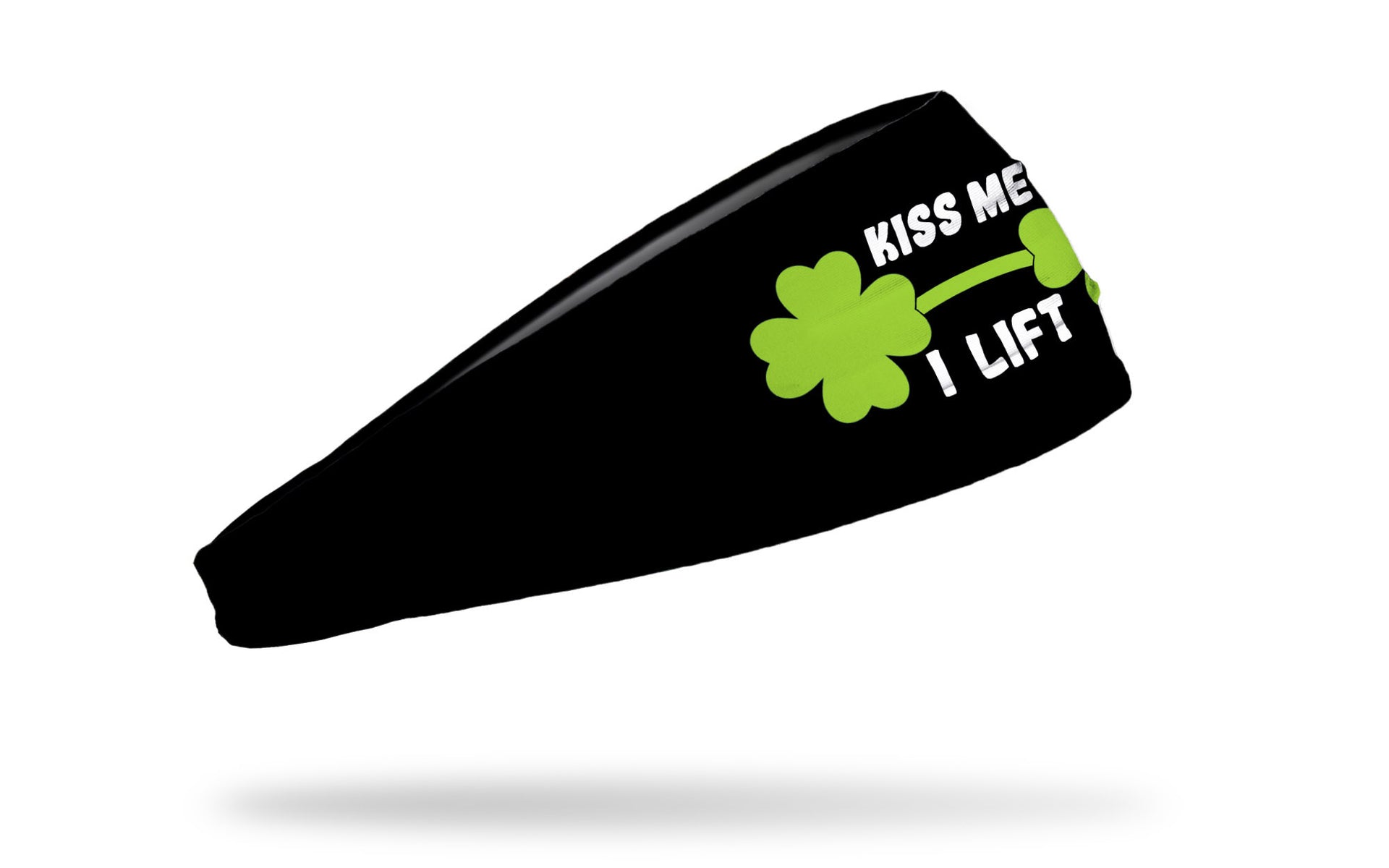 black headband with barbell and clovers for weights with Kiss Me I Lift words sayings