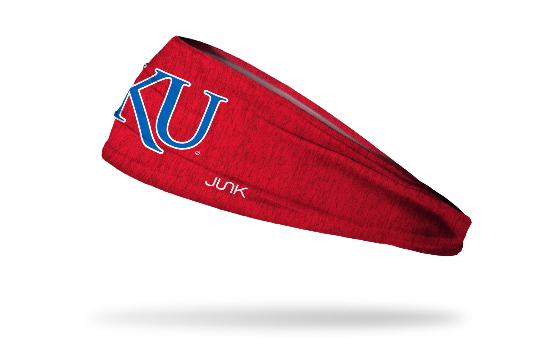 red heathered headband with University of Kansas K U logo in white and royal blue