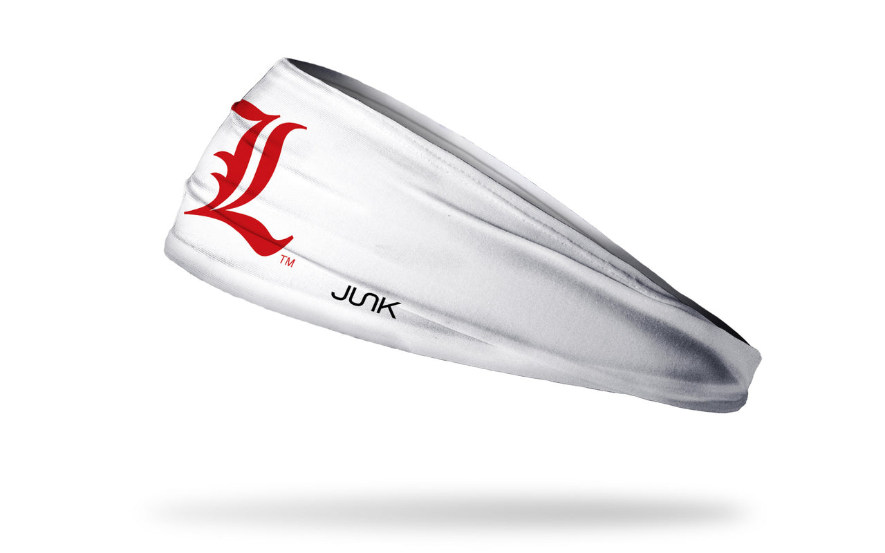 white headband with University of Louisville L baseball logo in red