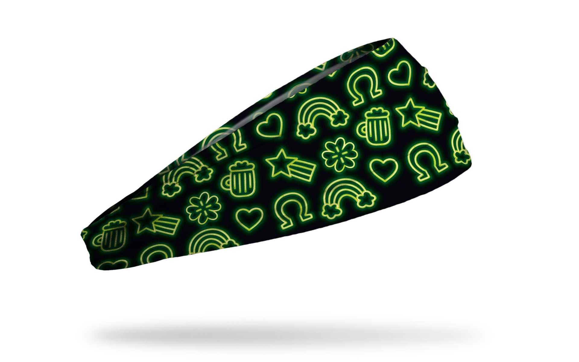 black headband with repeating pattern of lucky charms done in green neon light