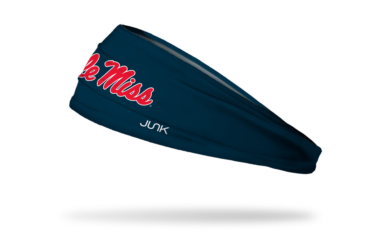 navy headband with University of Mississippi Ole Miss wordmark in red with white outline