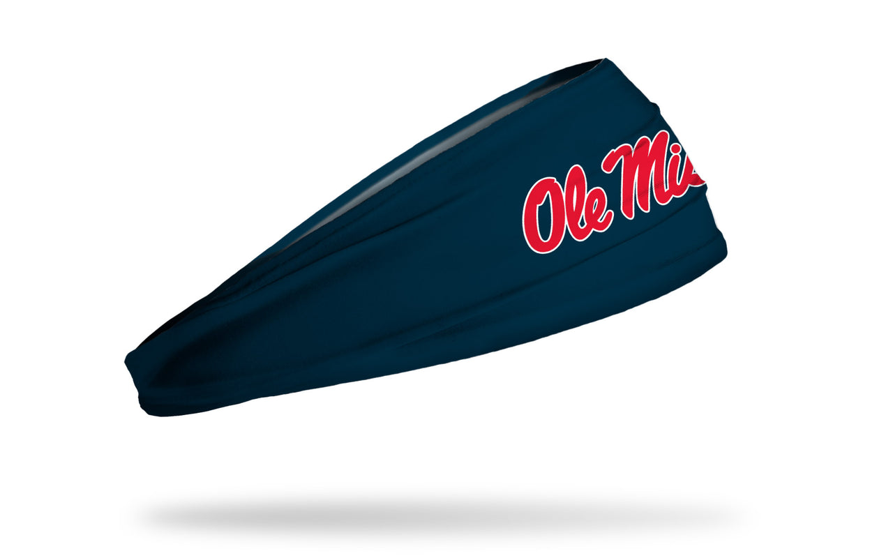 navy headband with University of Mississippi Ole Miss wordmark in red with white outline