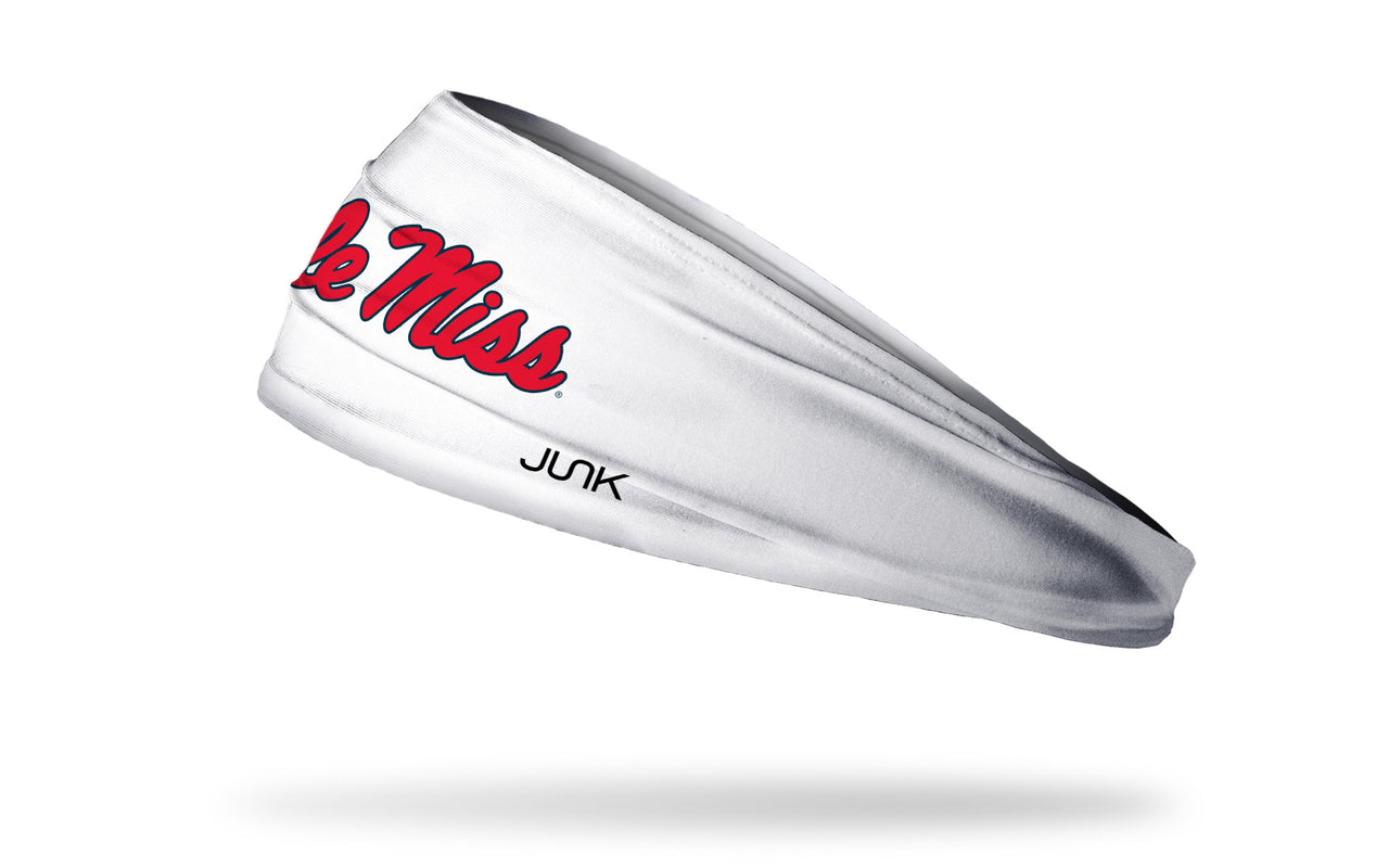white headband with University of Mississippi Ole Miss wordmark in red with black outline