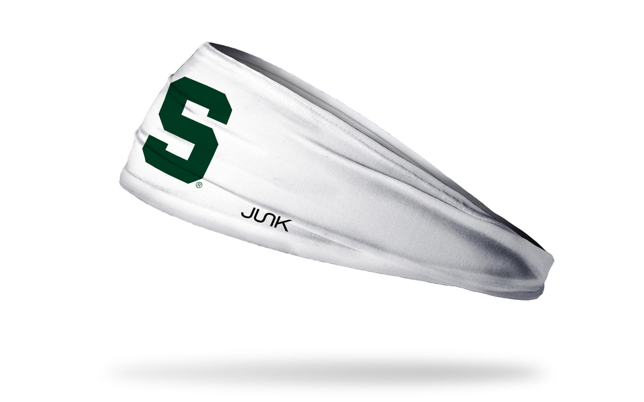 white headband with Michigan State University S logo in green