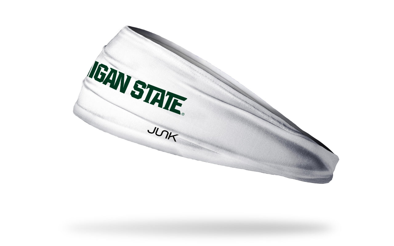 white headband with Michigan State University "Michigan State" wordmark in green