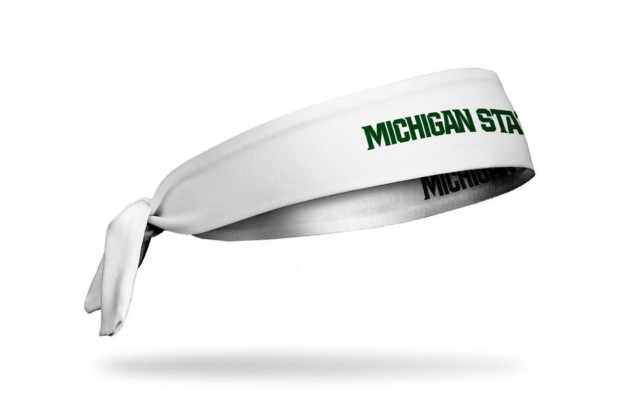 white headband with Michigan State University "Michigan State" wordmark in green