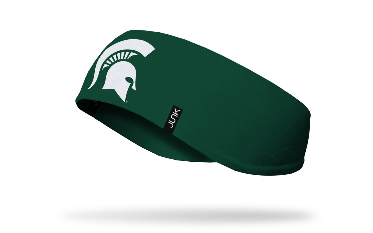 green ear warmer with Michigan State University spartan logo repeating in white