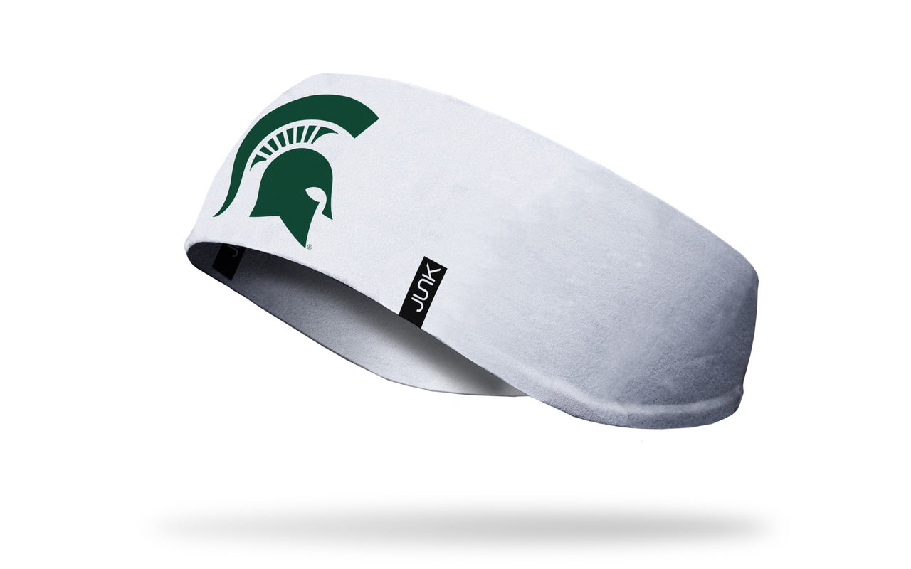white ear warmer with Michigan State University spartan logo in green