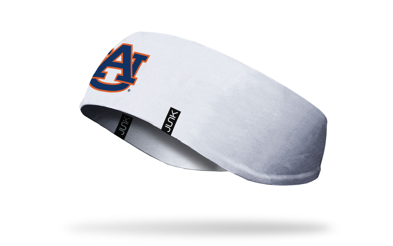 white ear warmer with Auburn University A U logo in orange and navy
