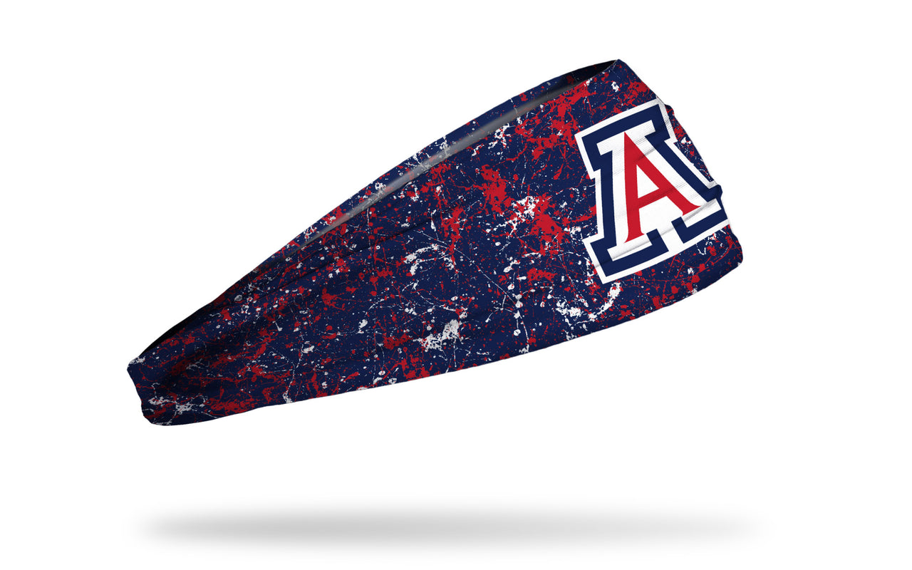 navy paint splatter headband with University of Arizona A logo in red white and blue
