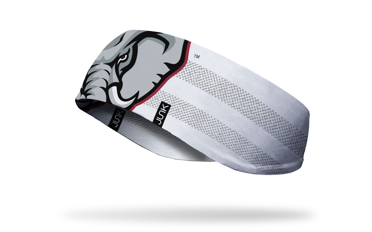 white ear warmer with grey line overlay and University of Alabama Big Al elephant mascot in crimson red and grey