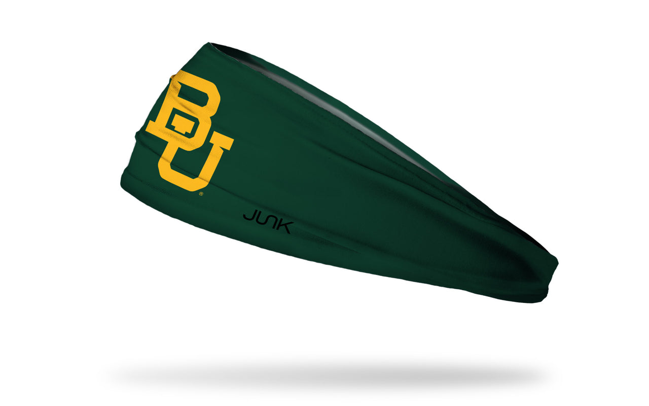 green headband with Baylor University B U logo in gold
