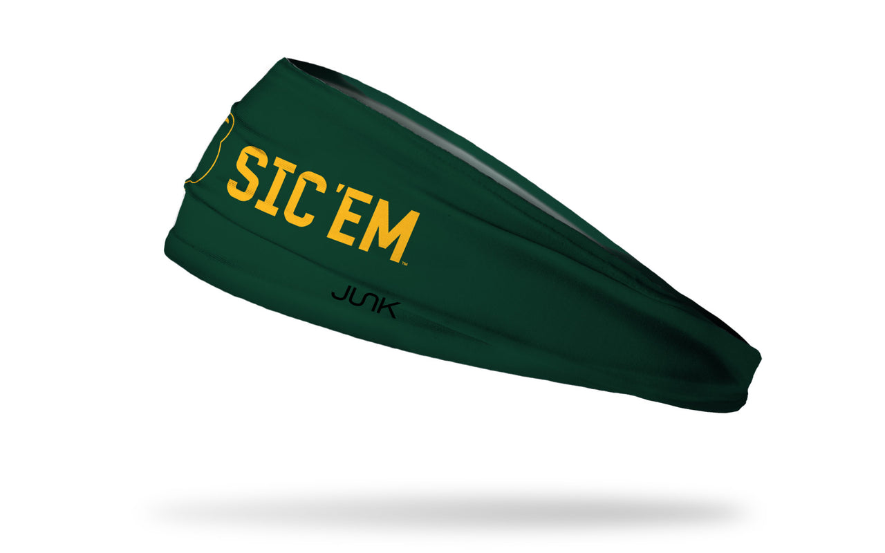 green headband with Baylor University bear mascot and Sic 'Em wordmark in gold