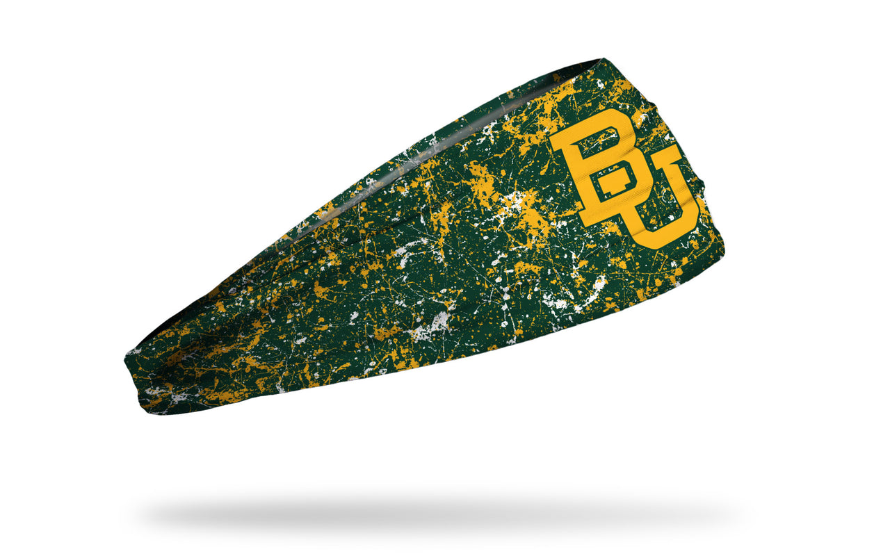green headband with gold paint splatter and Baylor University B U logo in gold