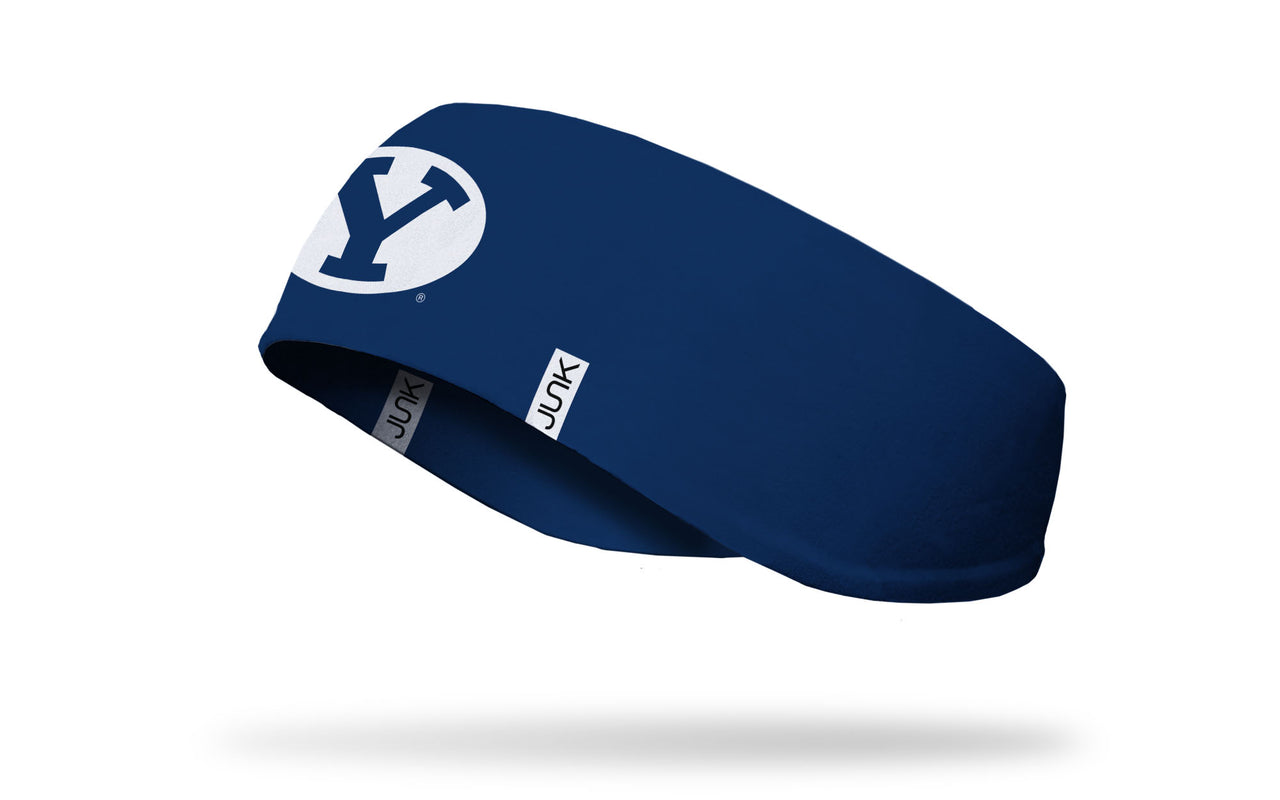 navy ear warmer with Brigham Young University Y logo in white