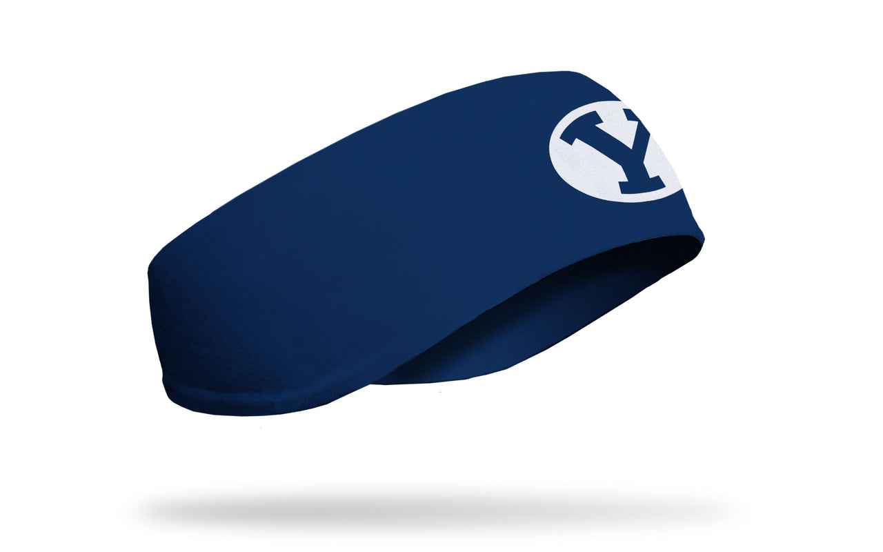 navy ear warmer with Brigham Young University Y logo in white