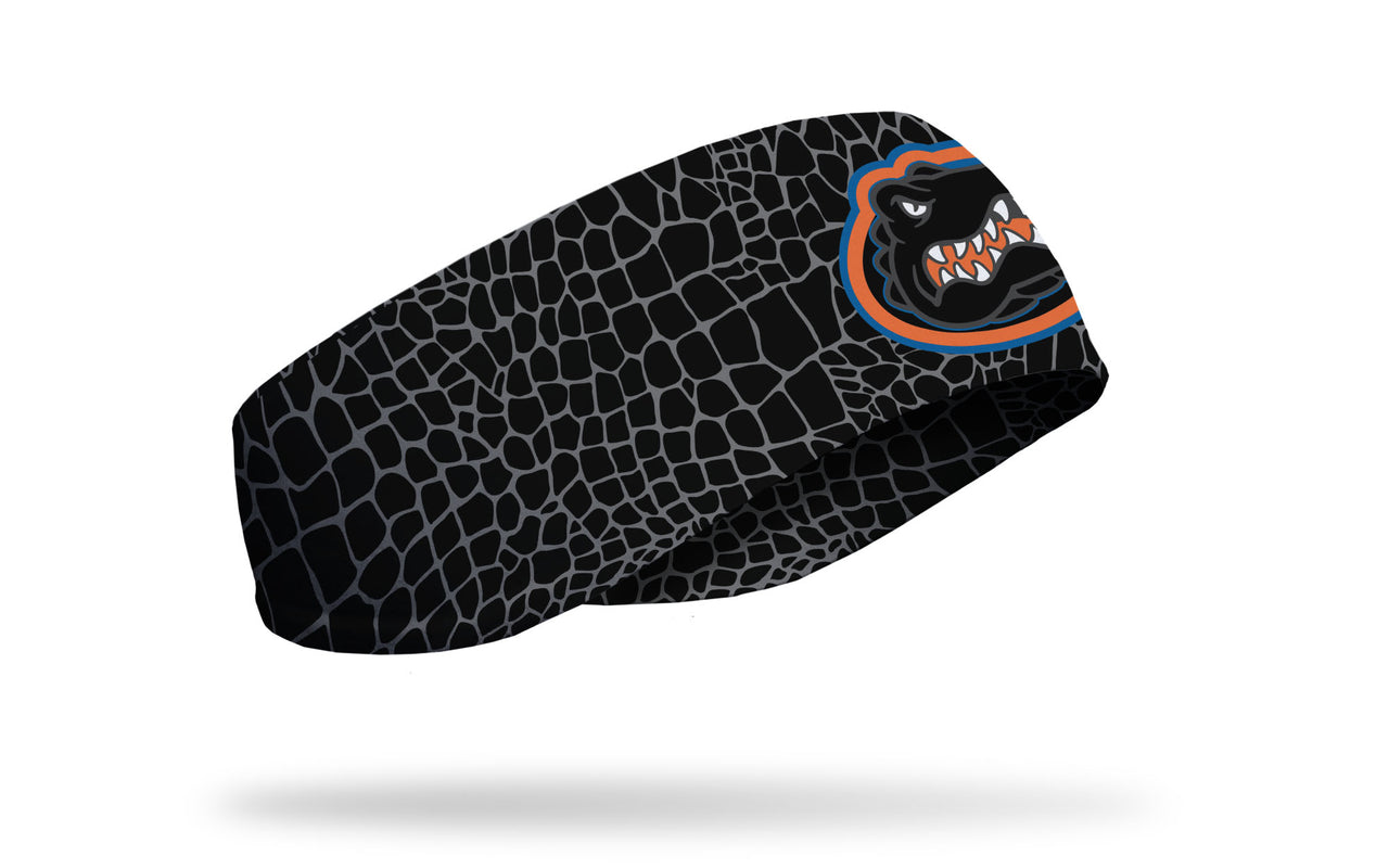 black and grey gator skin print ear warmer with University of Florida gator logo in black white orange and blue