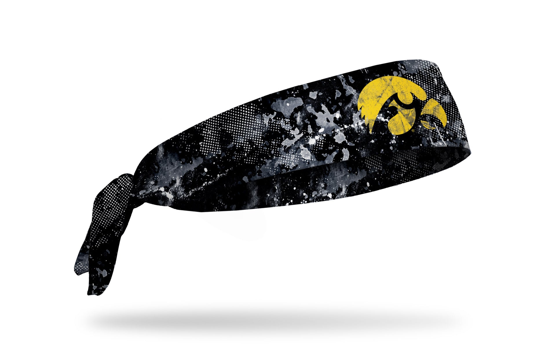black headband with University of Iowa hawkeye logo in yellow with white grunge overlay