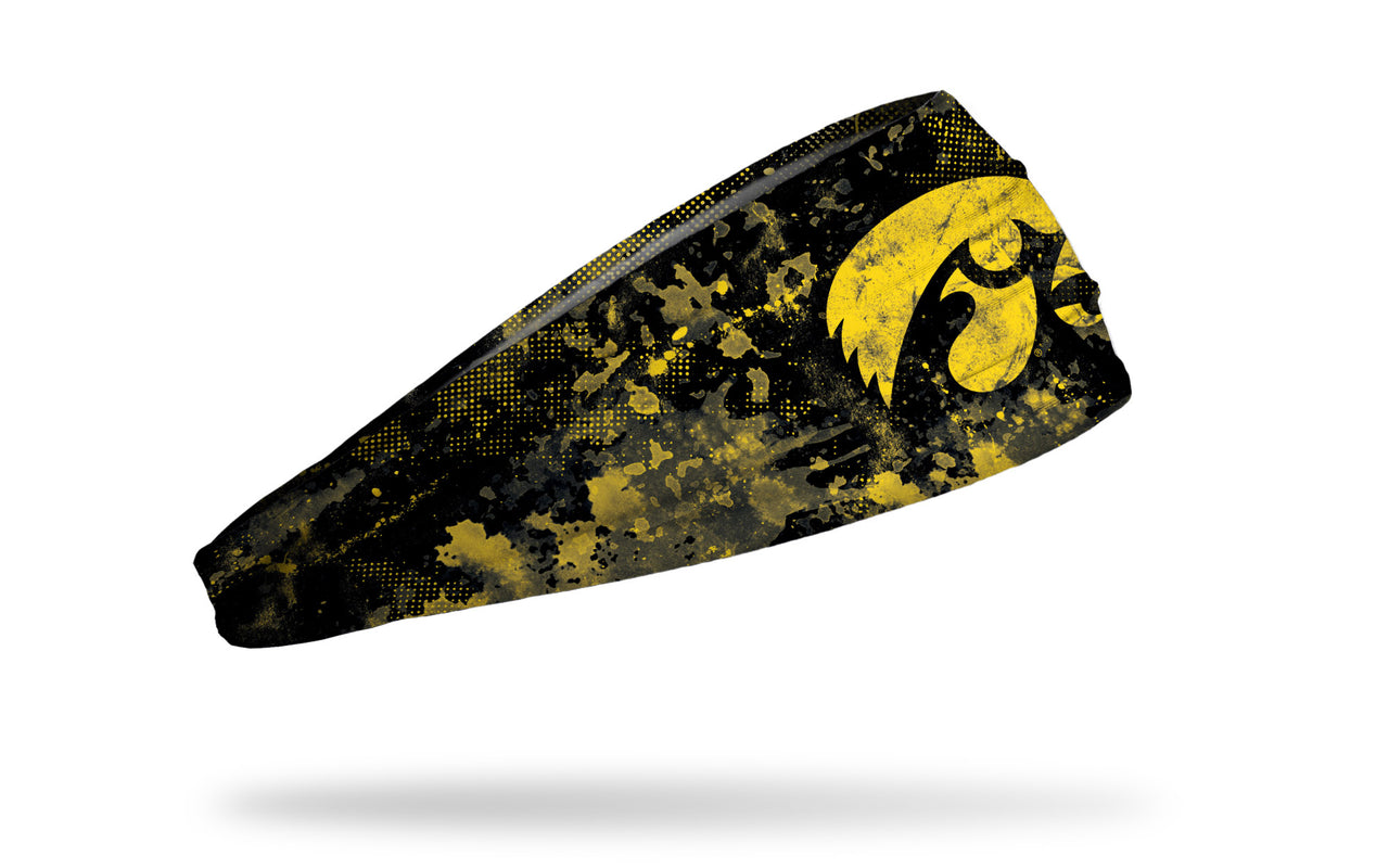black headband with University of Iowa hawkeye logo in yellow with yellow grunge overlay