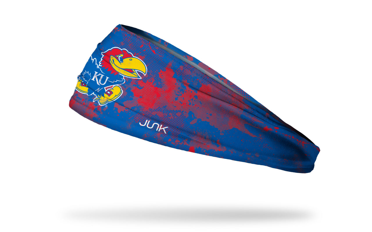 red and royal blue headband with University of Kansas Jayhawk logo