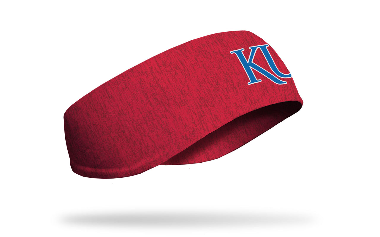 red heathered ear warmer with University of Kansas K U logo in white and royal blue
