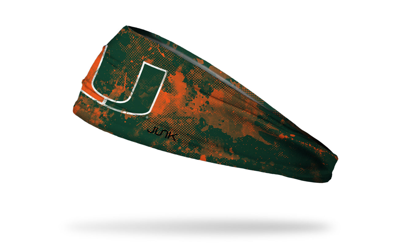 University of Miami green headband with orange grunge overlay