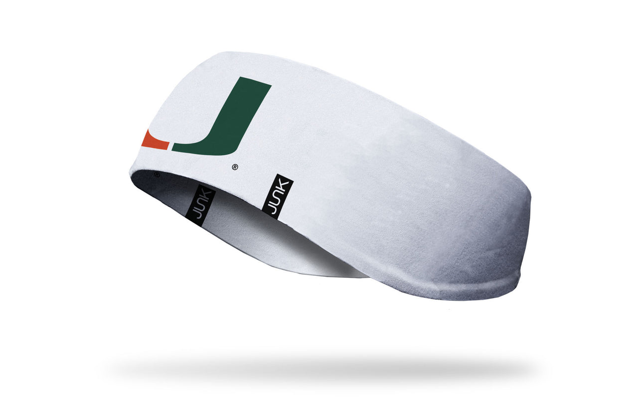 white ear warmer with University of Miami U logo in orange and green