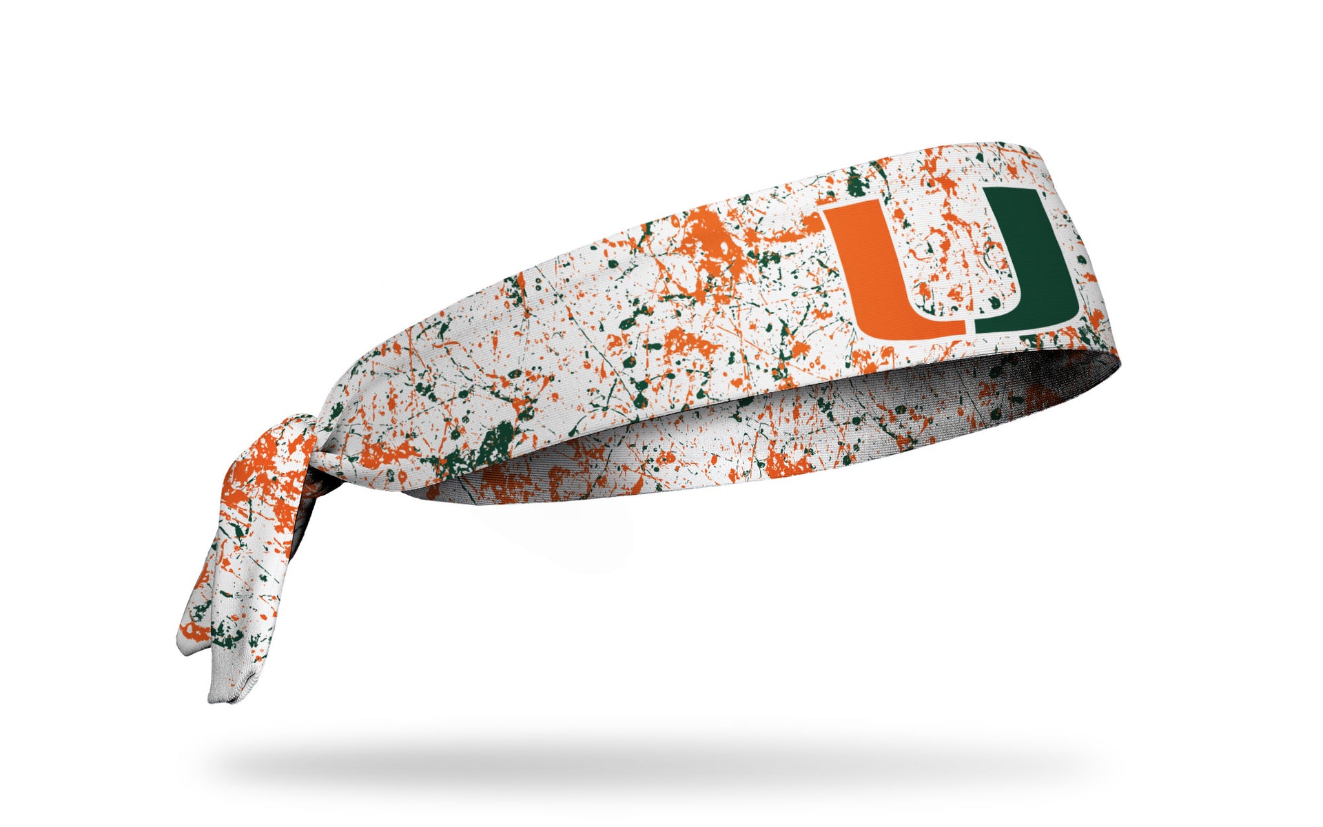 University of Miami white headband with orange and green paint splatter