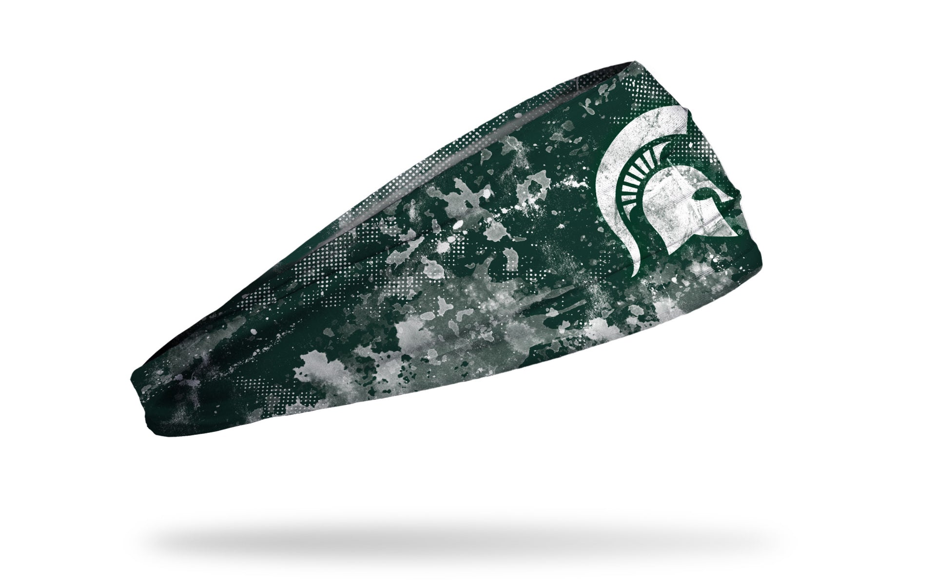 green headband with Michigan State University spartan logo in white with white grunge overlay